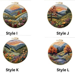 May include: Four embroidery hoop kits featuring different landscape scenes with mountains, trees, and flowers. The hoops are made of wood and have a natural finish. The scenes are all in a similar style, with a focus on nature and the outdoors.