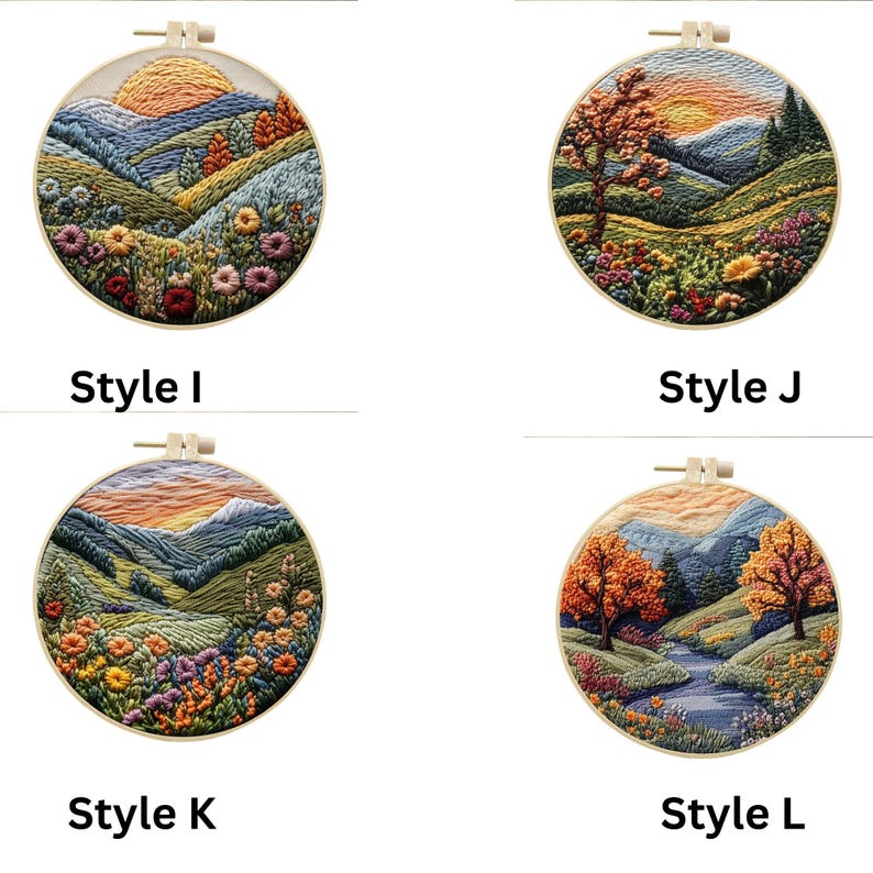 May include: Four embroidery hoop kits featuring different landscape scenes with mountains, trees, and flowers. The hoops are made of wood and have a natural finish. The scenes are all in a similar style, with a focus on nature and the outdoors.