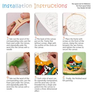 May include: Instructions for a needle felting kit showing a step-by-step process of how to create a wool felt painting. The image shows a wooden embroidery hoop with a white canvas, wool, and a needle. The final image shows a completed wool felt painting of a house with a moon and stars.