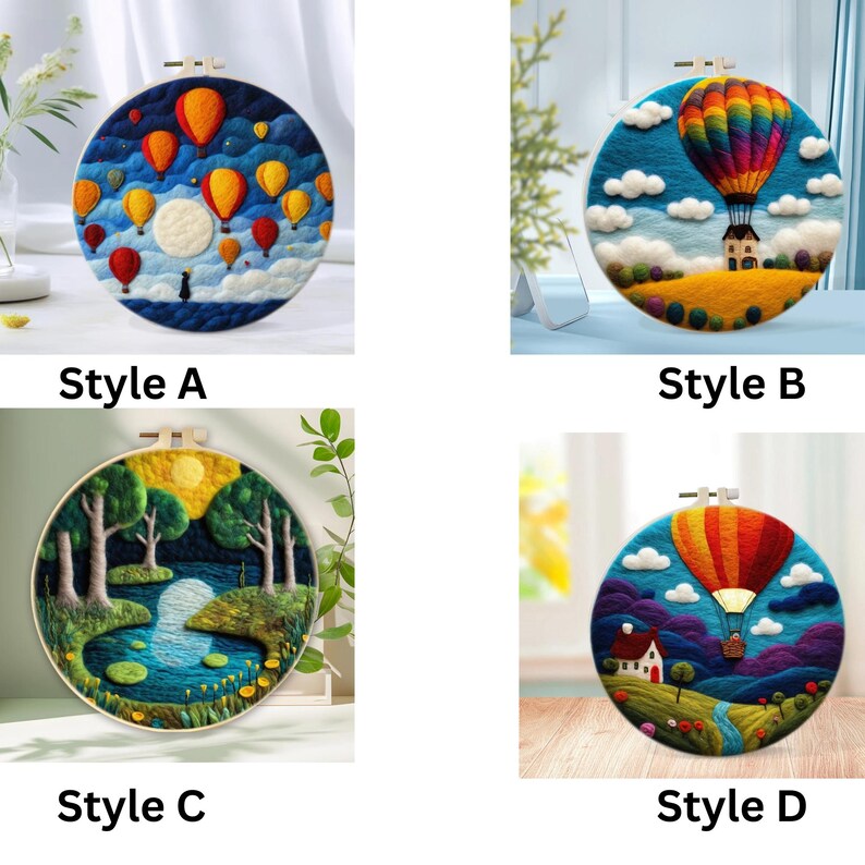 May include: Four different styles of needle felted embroidery hoops.  Style A features a blue sky with a white moon and many colourful hot air balloons. Style B features a single hot air balloon with a rainbow pattern against a blue sky with white clouds. Style C features a night scene with a moon, trees, and a river. Style D features a single hot air balloon with a red and orange pattern against a purple sky with white clouds.