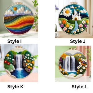 May include: Four different embroidery hoop art designs. The first design features a rainbow and clouds. The second design features a white castle with a blue stream. The third design features a waterfall with flowers. The fourth design features a waterfall with flowers.
