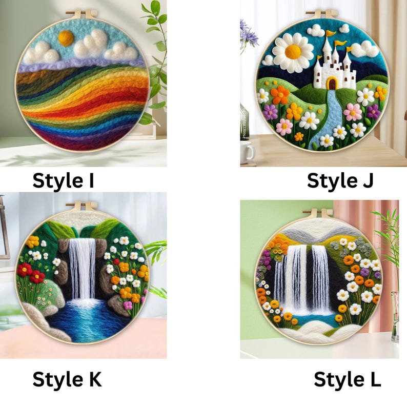 May include: Four different embroidery hoop art designs. The first design features a rainbow and clouds. The second design features a white castle with a blue stream. The third design features a waterfall with flowers. The fourth design features a waterfall with flowers.