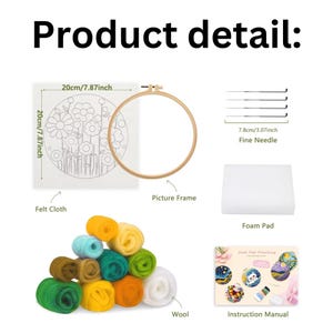 May include: Wool felt painting kit featuring a floral design on white felt, a wooden embroidery hoop, a foam pad, five needles, and a colourful assortment of wool felt balls. The kit also includes an instruction manual with a colourful illustration of a cat and a moon.