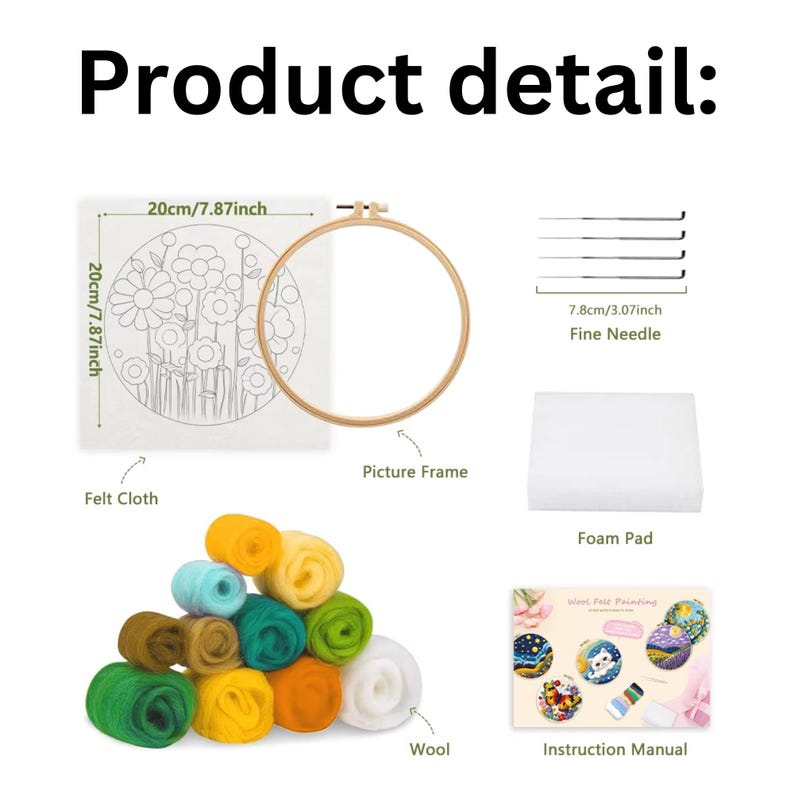 May include: Wool felt painting kit featuring a floral design on white felt, a wooden embroidery hoop, a foam pad, five needles, and a colourful assortment of wool felt balls. The kit also includes an instruction manual with a colourful illustration of a cat and a moon.