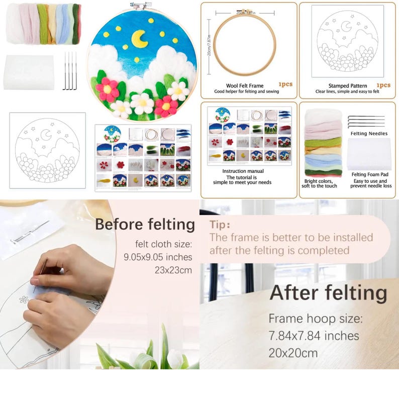 May include: A needle felting kit featuring a stamped pattern of a night sky with clouds and flowers. The kit includes a wooden embroidery hoop, felting needles, a foam pad, and colourful wool fibres. The finished project will be 20 cm in diameter.