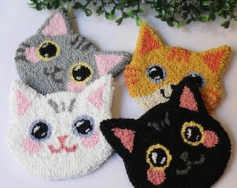 Punch Needle coaster Kit, Cat Tufting Kit, beginner punch needle embroidery kit, starter kit, rug hooking, DIY craft kit, gift for cat lover