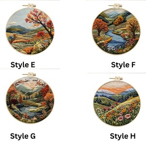 May include: Four embroidery hoop designs featuring autumn landscapes with rivers, mountains, and trees. The hoops are all the same size and have a wooden frame.