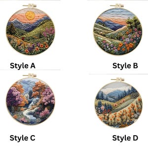 May include: Four embroidery hoop kits featuring different landscape scenes. The hoops are made of wood and have a gold finish. The scenes include a sunset over a mountain range, a mountain range with a river, a forest with a river, and a mountain range with a field of flowers.