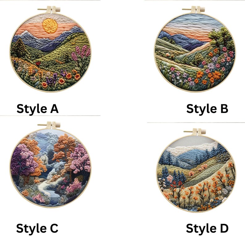 May include: Four embroidery hoop kits featuring different landscape scenes. The hoops are made of wood and have a gold finish. The scenes include a sunset over a mountain range, a mountain range with a river, a forest with a river, and a mountain range with a field of flowers.