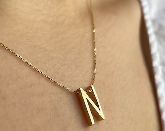 14k Solid Gold Initials Necklace, Custom Letter Necklace, Personalized Letter Pendant, Solid Gold Alphabet Necklace