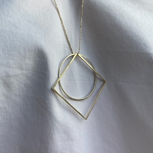 14k Solid Gold Geometric Necklace: Circle & Square Pendant