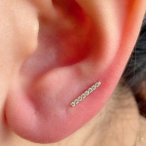 14k Solid Gold Stud, Diamond Bar Piercing, Pave Diamond Bar Stud, Diamond Stick Piercing, Gold Bar Earring, Helix Stud, Gold Tragus Piercing