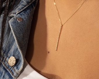 Collar de barra de oro macizo de 14 k: colgante de barra con piedra de circón