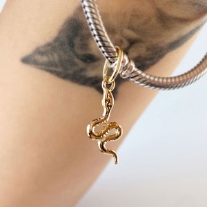 Op de afbeelding: Een zilveren kettingarmband met een gouden slangenbedel. De bedel hangt aan de armband en heeft de vorm van een slang.