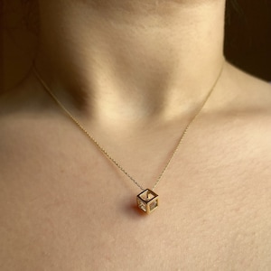 14k Solid Gold Necklace, Cube Necklace with Diamond, Golden Cube Necklace, Moving Zirconia in Cube, Cubic Diamond Pendant