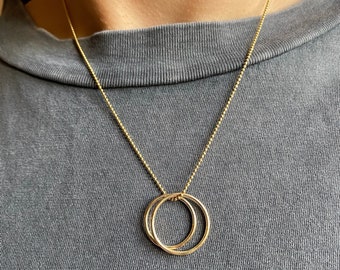 14k Solid Gold Necklace, Double Circle Pendants, Gold Round Necklace, Two Colored Necklace