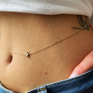 14k Solid Gold Waist Chain, Four Leaf Clover Bellychain, Waist Jewelry with Clover Pendant, Trefoil Belly Chain, Body Jewelry for Good Luck