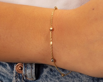Pulsera de bolas de oro macizo de 14 k: pulsera con cadena de cuentas de tres colores