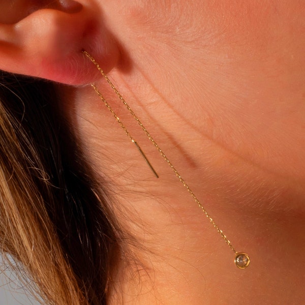 14k Solid Gold Diamond Threader Earring, Minimalist Chain with Solitaire Zircon Stone, Dangling Ear Chain, Gift For Her