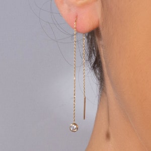 14ct Gold Earring, Single Stone Threader,  Long Chain Earring, Dangle Chain Earring, Gold Cartilage Stud, Double Piercing Earrings