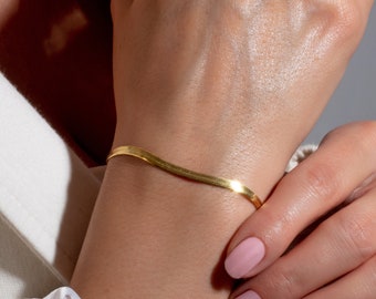 14k Solid Gold Bracelet, Flat Chain Bracelet, Gold Herringbone Bracelet, Snake Chain Bracelet, Fishbone Chain Bracelet, Gift For Her