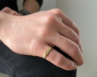 14k Solid Gold Bar Ring, Rectangular Block Pinky Ring, Flat Bar Ring for Man, Engravable Hexagon Signet Ring, Personalized Real Gold Ring