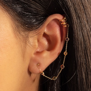 Polsino auricolare in oro massiccio 14k, polsino pendente con pietre colorate, orecchino collegato da catena, regalo per lei