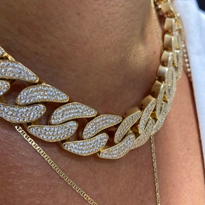 14k Gold Miami Cuban Chain: Zircon Stone Curb Choker, 17mm Thick