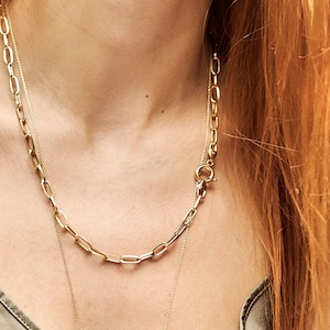 14k Solid Gold Paperclip Chain Necklace: Chunky Linked Charm Necklace