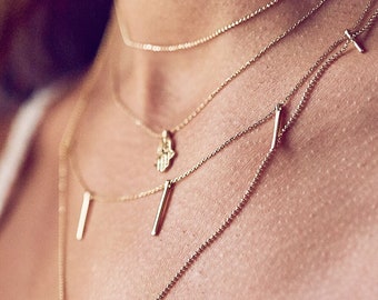 14k Solid Gold Necklace, Hanging Bar Necklace, Vertical Bar Pendant, Chain Dangling Sticks