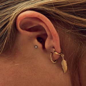 14k Solid Gold Earring, Gold Feather Earring, Plume Huggie Hoop, Feather Dangle Earrings, Boho Style Jewelry, Gift For Her
