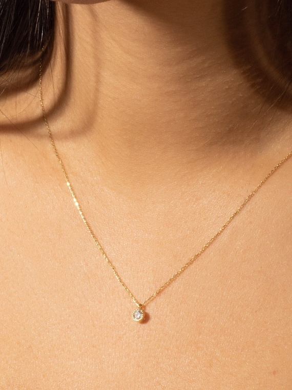 14k Solid Gold Necklace Solitaire Diamond Necklace Round Cut Zircon Pendant Single Diamond Necklace Minimalist Gold Jewelry Etsy Canada