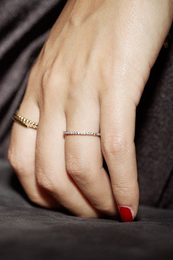 14k Solid Gold Ring Tiny Eternity Band Full Round Diamond Ring