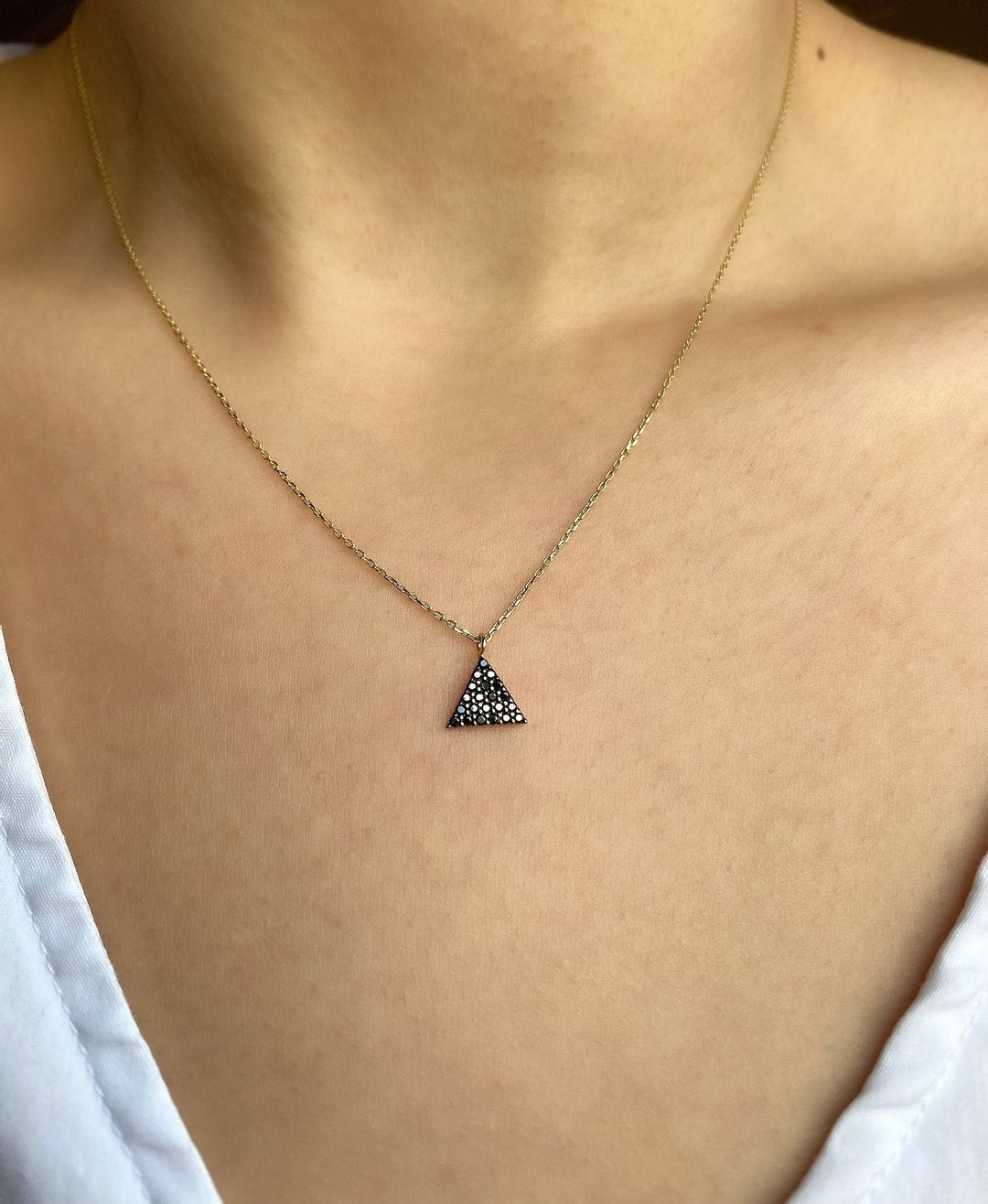 14k Solid Gold Triangle Necklace, Black Diamond Necklace, Color Changing Stone Pendant