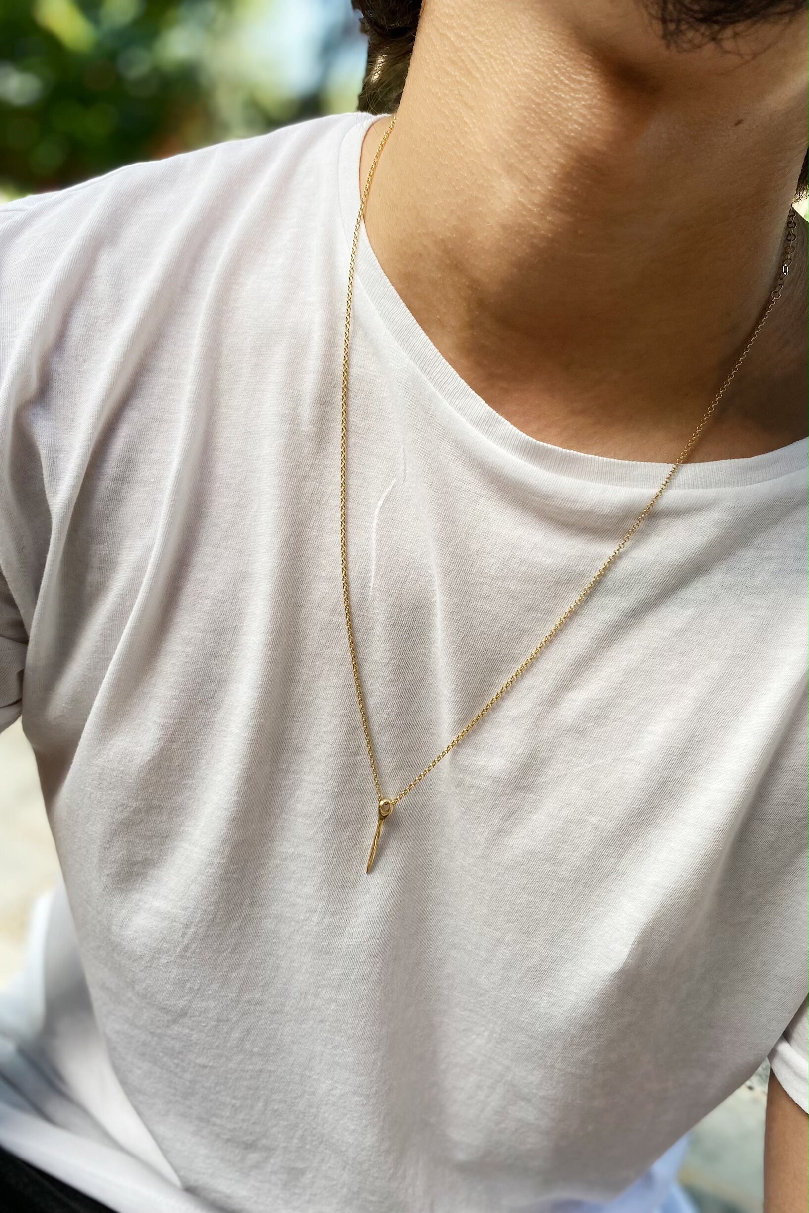 14k Solid Gold Necklace, Gold Needle Pendant, Mans Vertical