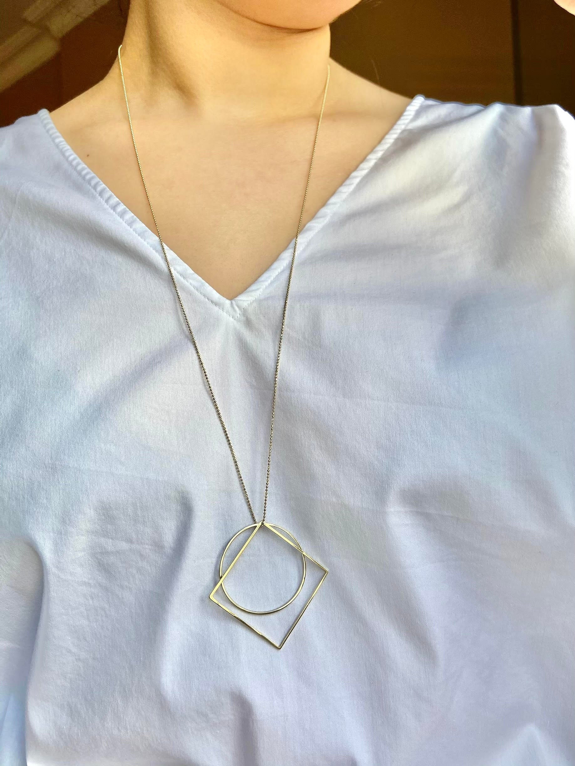 14k Solid Gold Necklace Circle and Square Pendant 14k Gold Etsy