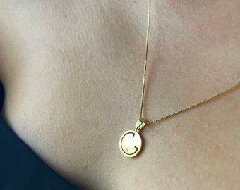 14k Solid Gold Necklace, Diamond Medallion Necklace, Small Minimalist Medallion, Gold Coin Necklace, Motherhood Necklace, G letter necklace