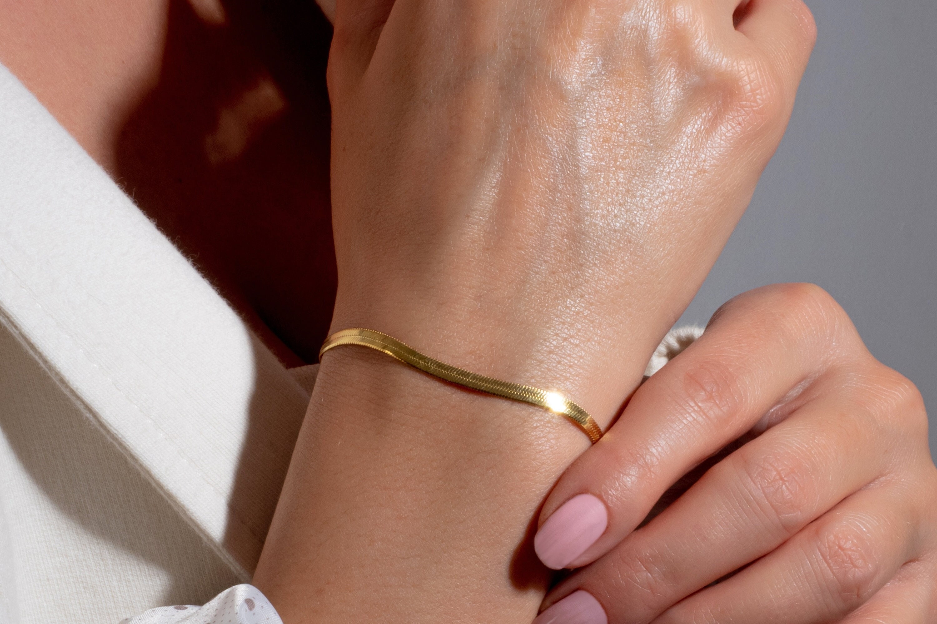 14k Solid Gold Bracelet Flat Chain Bracelet Gold Herringbone Bracelet Snake Chain Bracelet Fishbone Chain Bracelet Gift For Her