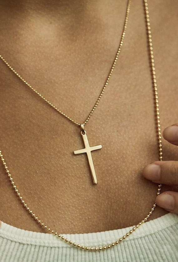 Engravable Cross Pendant Necklace 14K Rose Gold 28mm 18