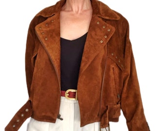 Vintage 1990s Brown Suede Leather Biker Jacket, Studded Western Jacket