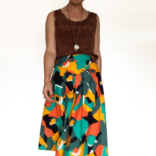 Vintage 1970s Abstract Print Midi Skirt