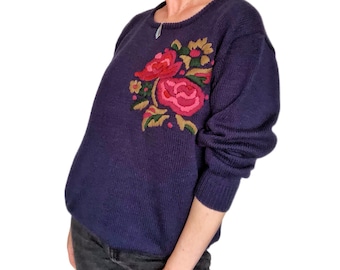 Vintage 1990s Jumper with Flower Embroidery