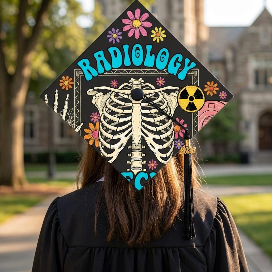 Cap Designs Radiology Personalized Radiology Grad Cap Topper, Retro Flower RT X Ray Graduate ...