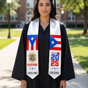 Personalized Puerto Rican Flag Graduation Stole, Custom Class of 2026 Senior College Gift, GRADU-STOLE15
