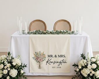 Personalized Wedding Table Runner For Couples, Custom Last Name Floral Decor, WTB07