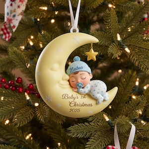 Personalized Baby 1st Christmas Ornament, Custom Name Baby Sleeping on Moon, Newborn Xmas Keepsake