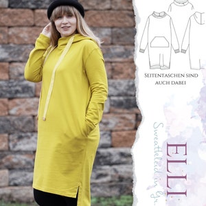 Op de afbeelding: Een gele hoodiejurk met zijzakken en een capuchon met trekkoord. De jurk wordt gedragen door een model dat zwarte leggings en zwarte schoenen draagt. De tekst "ELLI Sweatkleid in Gr. XS-XL Malina" is zichtbaar in de afbeelding.