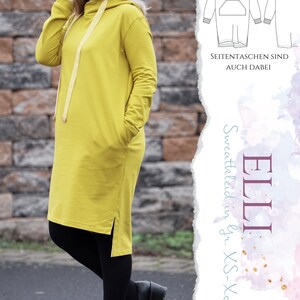 May include: A yellow hooded sweatshirt dress with side pockets and a drawstring hood. The dress is shown on a model wearing black leggings and black shoes. The text "ELLI Sweatkleid in Gr. XS-XL Malina" is visible on the right side of the image.