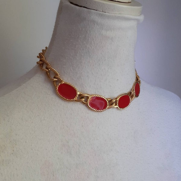 Napier necklace signed stamped 16" gold plated red enamel golden chain designer costume jewellery vintage 1980s