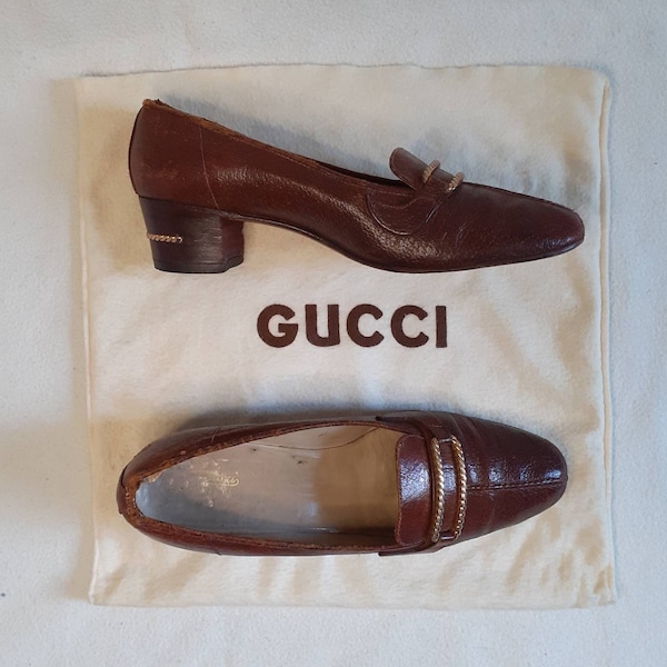 Authentic Gucci loafers ladies slip on shoes 39.5 UK 7 brown leather golden buckle wood mid heel moccasins vintage 1970s 1980s